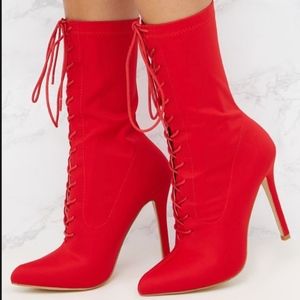 Red Lace Up Front Sock Boots